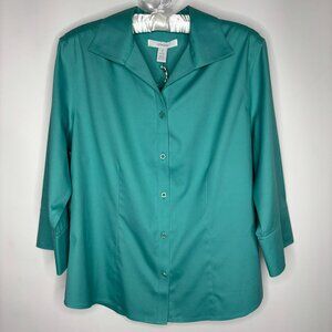 Chico's Women's No-Iron Button Up Top Size 1P/US MP Teal 3/4 Sleeve NWT